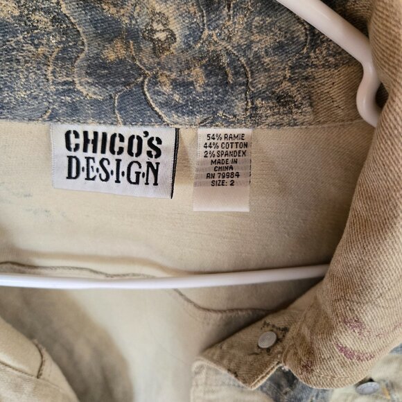 Chico's Design Denim Jacket Size 2 Women's Medium Beige Oriental Print Stretch - Picture 4 of 10